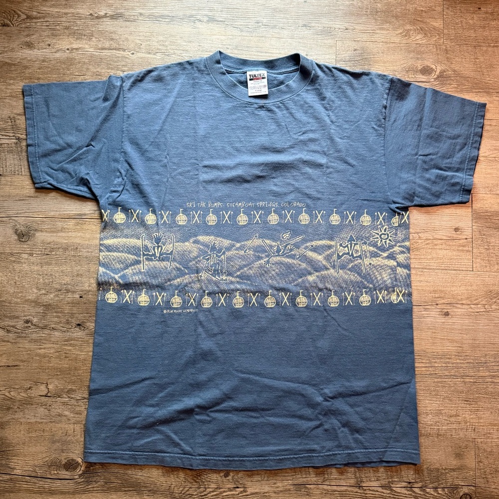 Vintage Tultex Blue Short Sleeve Tee with Geometric Design